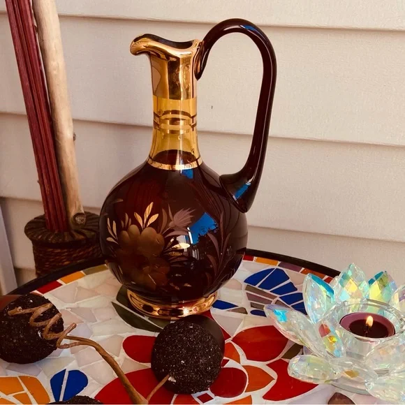 Old Etched & Gilded Mini Red Amber Glass Decanter/ Handle Beautiful Starburst🪻&✨ - Picture 9 of 16